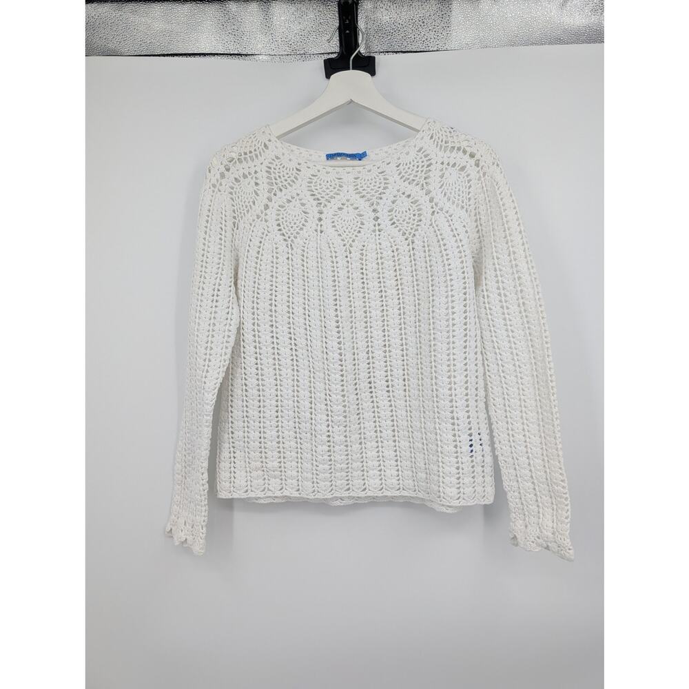 J Mclaughlin Shellona Sweater Small Open Knit Coastal Crochet Travel Nautical **